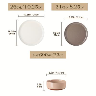 TEMU 12pcs Round Colored Curved Edge Sesame Glaze With Khaki Background Ceramic Tableware Set, Including 4 Dinner Plates, Dessert Plates And Bowls Image