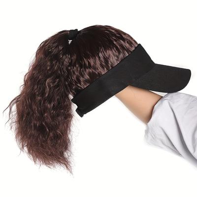 TEMU Adjustable Mesh Baseball Cap With High-temperature Synthetic Curly Wave Ponytail Wig - Unisex Sports Protection, Wave Hairpiece For All , Outdoor Accessories | Headwear, Softball Hair Accessories Image