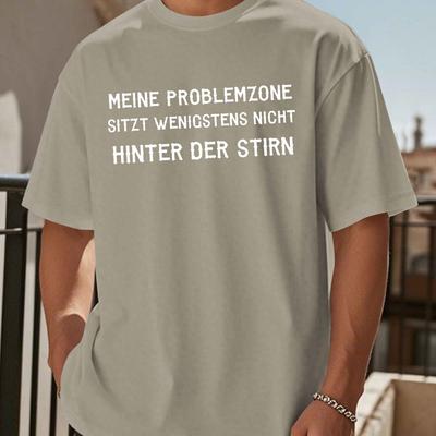TEMU Men's Casual Crew Neck T-shirt, 100% Polyester Knit Fabric, Stretch, Geometric Pattern, Regular Fit, Summer Top With Funny German Quote - Black Image