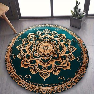 TEMU Vintage Style Green Mandala Print Round Rug: 150cm X 150cm, 100% Polyester, Non-slip Backing, Perfect For Office Or Home Decor Image