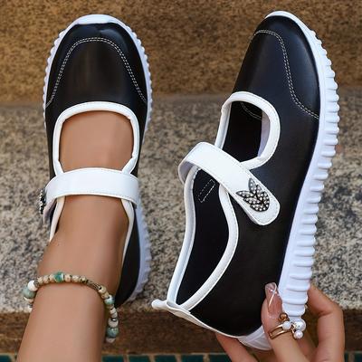TEMU Women's Casual Sneakers - Adjustable Hook-and-loop Closure, Breathable Synthetic Cover Upper & Eva Sole, Lightweight -day Wear, Black With White Accents Image