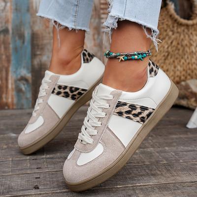 TEMU Women's Casual Low-top Sneakers With Leopard Print & Striped Design - Lace-up, Plain Toe, Fabric Upper, Rubber Sole, Shoes, Casual Footwear | Lowtop Sneakers | Fabric Upper Sneakers Image