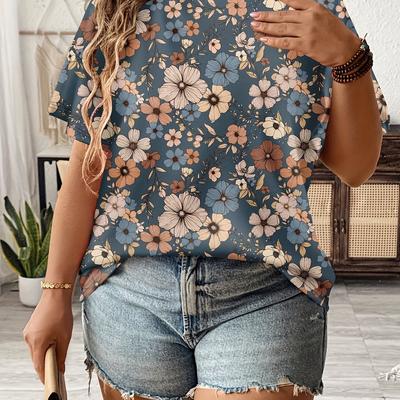 TEMU Plus Size Elegant Floral Print T-shirt For Women - Round Neck, Short Sleeve, Top With Stretchy Fabric, Casual Wear|floral Pattern Top|stretchy Fabric Tee Image