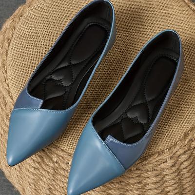 TEMU Of Women's New Versatile Blue Pointed Toe Double Stitching Design Flat Shoes, Fashionable Korean Style Shallow Mouth Soft Synthetic Cover Loafers Image