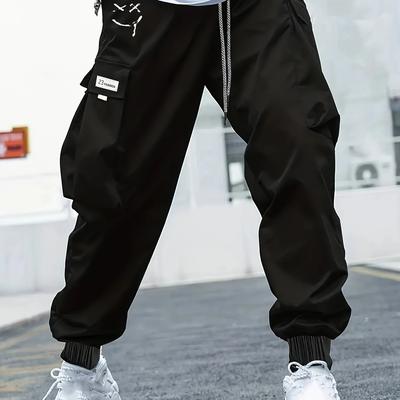 TEMU Men's Plus Size Beige Cargo Pants - Casual Sporty Style With Side Pockets, Elastic Waistband & Cuffs, Non-stretch Fabric, , Plus Size Pants, Plus Siz Image