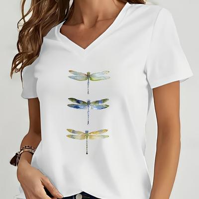 TEMU Women's Casual V-neck T-shirt With Triple Dragonfly Print, Short Sleeve, Lightweight Fabric, White, Spring/summer/fall, Fashionable Women's Tee, Casual Summer Wear | Shirt | Glossy Textur Image