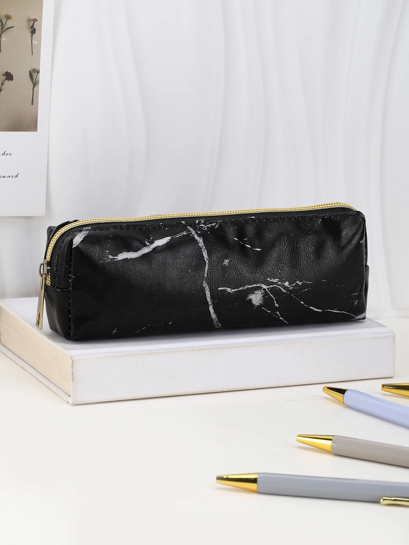 Federmäppchen aus PU-Material, Marmor-Design, Schreibwarenbox, Trousse-Federmäppchen mit großem Fassungsvermögen, Geschenk-Federmäppchen für den Schulanfang Image