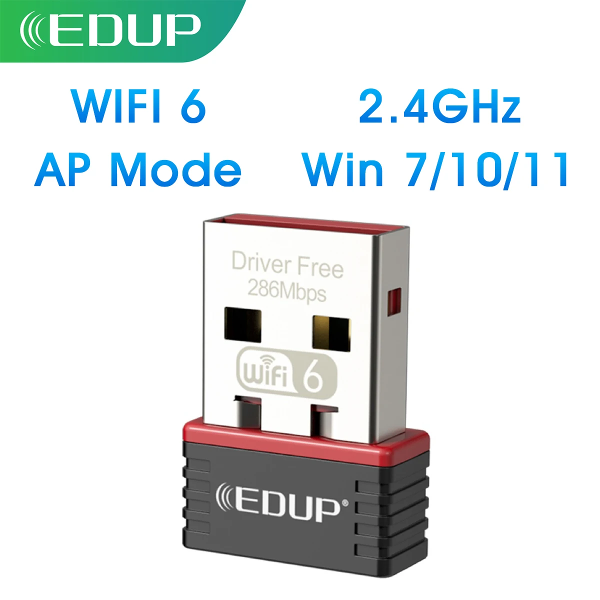 EDUP AX300 WiFi6 USB-Adapter 286 Mbit/s treiberfrei 2,4 GHz kabellos für Win7 Win10 Win11 Infrastructure und Ad-Hoc-Modus Image
