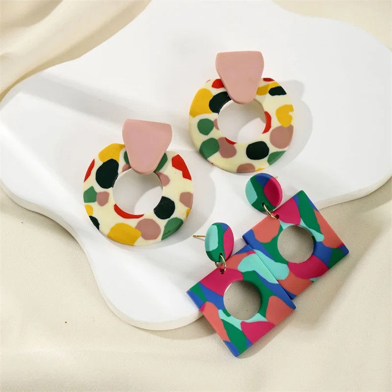  Böhmische geometrische Kreis quadratische Ton baumeln Ohrringe Mode bunte Druck Kontrastfarbe Polymer Clay Ohrringe für Frauen Image