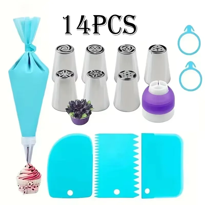 14-teiliges russisches Spritzspitzen-Set aus Edelstahl – 7 Blumendüsen, TPU-Beutel, Schaber und Werkzeug – komplettes Buttercreme-Home-Backset Image