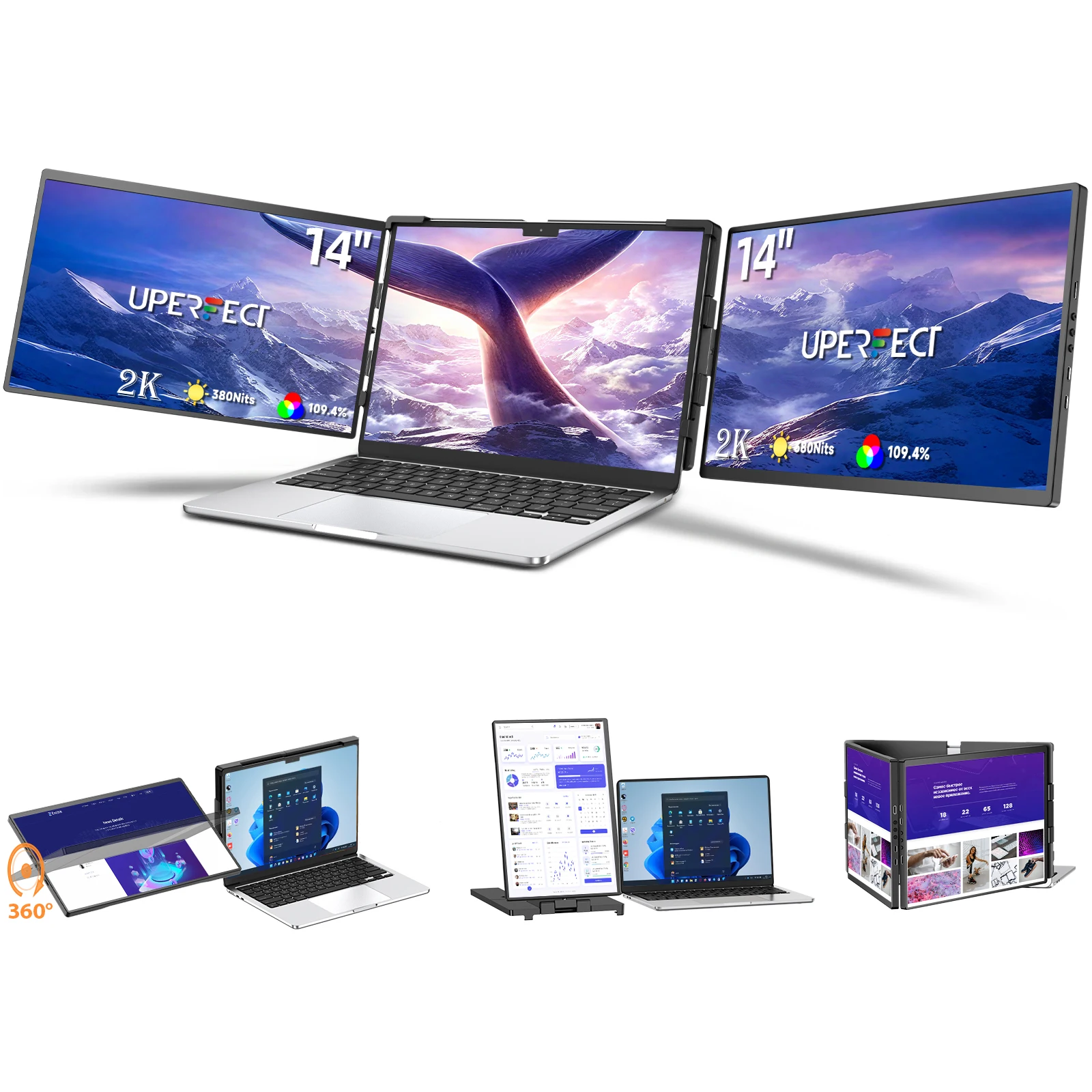 UPERFECT 14 Zoll 2K Dual Monitor Faltbarer Bildschirm Gaming QHD IPS Display Panel Für 13,3 "-17" Typ C HDMI Laptop Telefon Schalter PS4/5 Image
