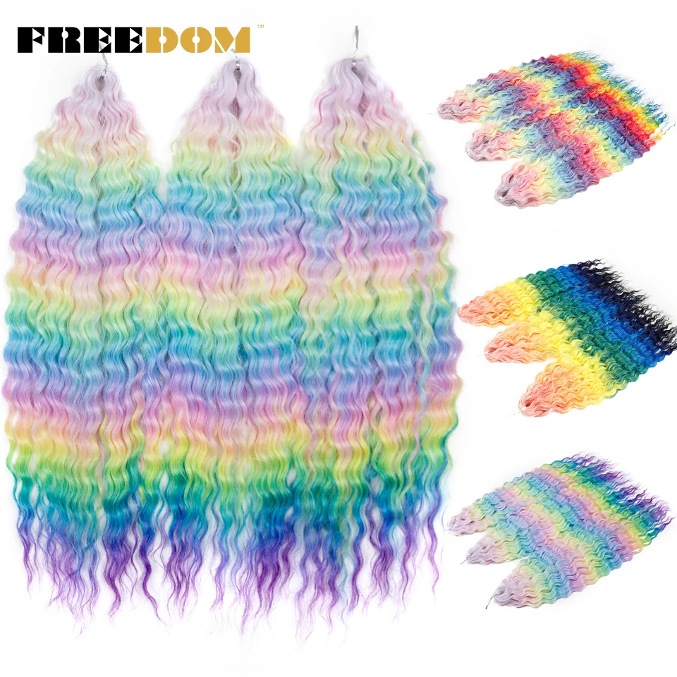 FREEDOM Synthetisches lockiges Haar, 61 cm, Wasserwelle, Twist, Häkelgeflecht, Ombre, Rosa, Blond, Regenbogen-Flechthaarverlängerungen Image