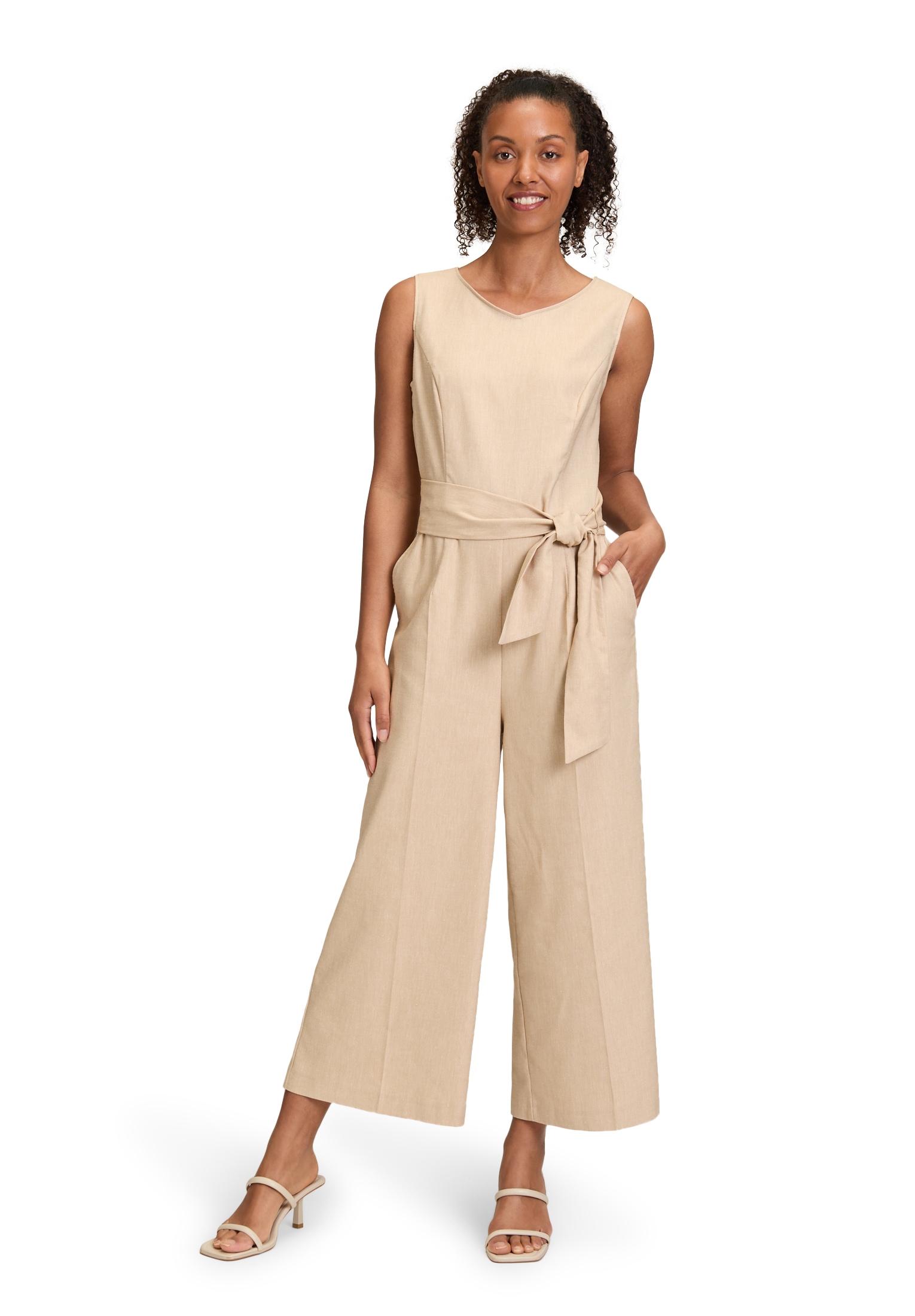 Overall BETTY BARCLAY "Damen Jumpsuit mit Eingrifftaschen", Damen, Gr. 40, beige, Obermaterial: 33% Baumwolle, 33% Polyester, 18% Viskose, 14% Leinen, 2% Elasthan., Feminin, figurumspielend, V-Ausschnitt, Overalls, Form Image