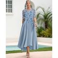 Abito da sposa per la mamma della sposa in pizzo ricamato floreale blu, elegante, semplice e lussuoso, con scollo a barca, lunghezza al pavimento, lunghezza maxi, in raso e pizzo, mezza manica 2025