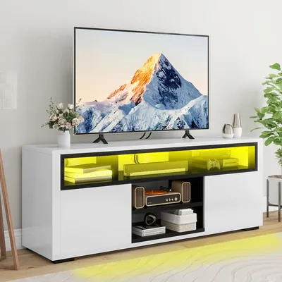 TV Stand with LED Ambient Lights, Modern TV Stand with Open Shelf Storage Cabinet for 62 inch TV,