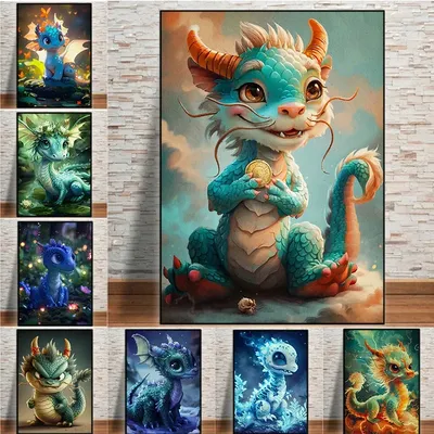 Lovely Baby Dragon Poster Cute Animal Elves Canvas Painting Wall Art Picture for Living Room Bedroom