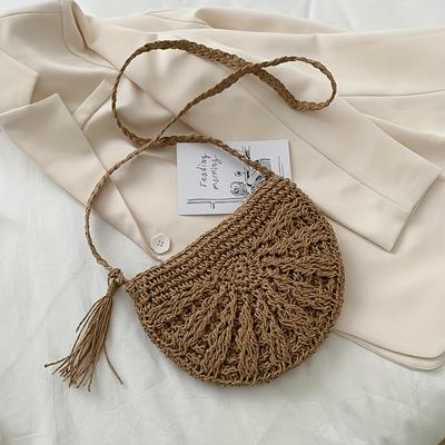 TEMU Handmade Boho Chic Half-moon Crossbody Bag With Tassel Detail - Straw Woven Beach Vacation Shoulder Bag, Zip Closure, Polyester Lined, Outing Image