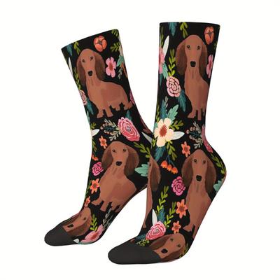 TEMU Funny Dachshund & Floral Socks For Men - Hip Hop Vintage Style, Comfortable Polyester , Perfect Novelty Gift, For Autumn Image
