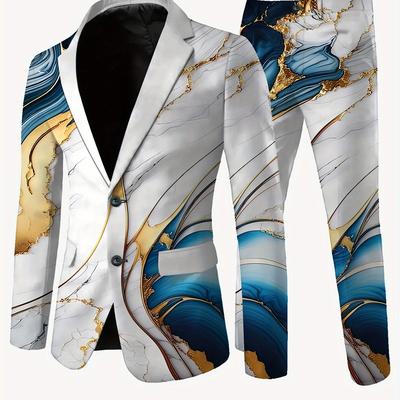 TEMU Men's Sleek Formal Suit Set - Casual & Sophisticated, No-iron, Tailored To Fit, With Ornate Blue & Golden Marbled Jacket And Slim Fit Pants, Polyester Blend, Wear Image