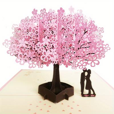 TEMU Laser-cut Pop-up Valentine's Day Card With 3d Cherry Tree, Romantic Couple Silhouette & Heart Decor - Pink Floral Greeting Card For Weddings, Anniversaries, Engagements, Detail Image