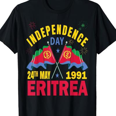 TEMU Men' Eritrean T-shirt - 24th May 1991 Graphic Print With Eritrean Flag & Fireworks Design, 100% Cotton 180gsm Casual Round Neck Tee For Adults, Machine Washable, Apparel | Celebratory Design | Image