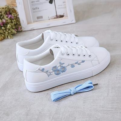 TEMU Women's Classic White Floral Embroidered Low-top Sneakers - Round Toe Synthetic Cover Casual Shoes With 2 Color Options, & Pvc Sole, Versatile Fashion Footwear, Fabric Lined Interior Image