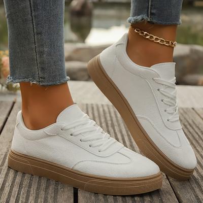 TEMU Women's Casual White Sneakers - 2024 Collection, Lace-up, Round Toe, Fabric Upper, Pu Sole, Low-top Shoes, Casual Footwear|minimalist Sneakers|fabric Upper Sneakers Image