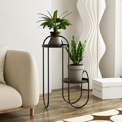 TEMU Modern Black Metal Plant Stand, Nordic Style Indoor/outdoor Floor Standing Plant Shelf, Irregular Design Greenery Holder, Versatile Decorative Flower Pot Rack With Multiple Components Image