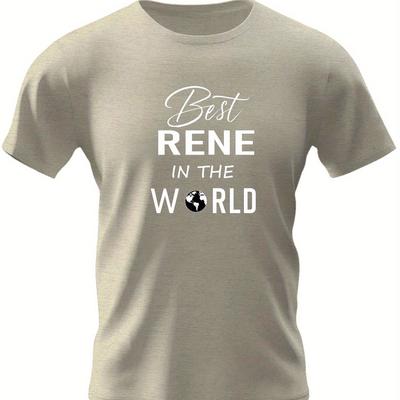 "TEMU Men's Casual Crew Neck T-shirt With "best Rene In The World" Print, 100% Polyester Knit Fabric, Stretch, Regular Fit, Geometric Pattern, Summer Short Sleeve Tee - 150gsm" Image