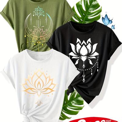 TEMU Simple Colorful Pattern Three-piece Set For Family, , And Sisters - Printed Vintage Style Women's Summer Casual Sporty Round Neck Short Sleeve T-shirt In Multiple Colors Image