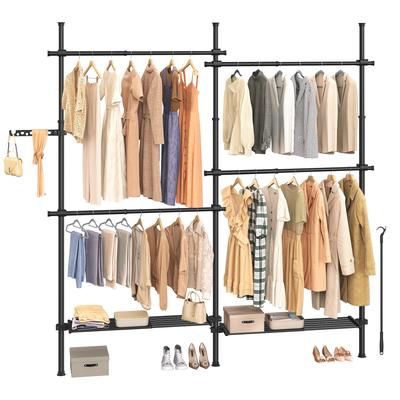 TEMU Telescopic Clothes Rail, 3-tier Wardrobe, Height And Width Adjustable, Open Wardrobe With 4 Clothes Rails And 2 Removable Shelves, Grip Arm Image