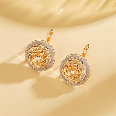 TEMU Elegant Vintage Style 14k Golden Plated Copper Flower Drop Earrings, With Synthetic Zirconia Accents, For And Image