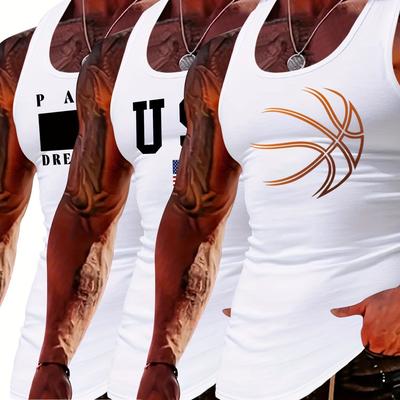 TEMU Men' 3-pack Polyester Tank Tops With Crew Neck | Summer Casual Vest With Elastane For Comfortable Stretch | Slim Fabric With Stylish Printed Design Image