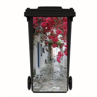 TEMU 1pc Waterproof Pvc Trash Can Decal With Vibrant Red Flower Design – Easy To Apply, & Moisture-resistant Outdoor Sticker For Garbage Bins, Diy Mural For Porch Or Garden Decor Image