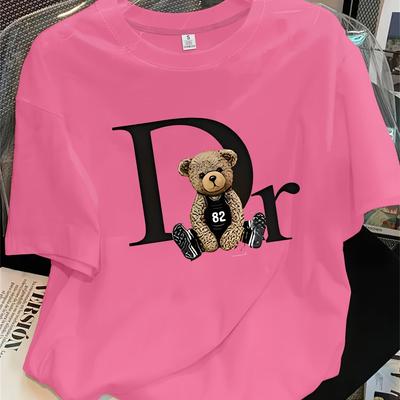 TEMU Women's Casual Short Sleeve T-shirt With Dr Letter & Cartoon Bear Graphic Print, Round Neck Regular Fit Machine Washable Versatile Top, Cute T Shirts, Comfortable Fabric, Durable Casualwear Image