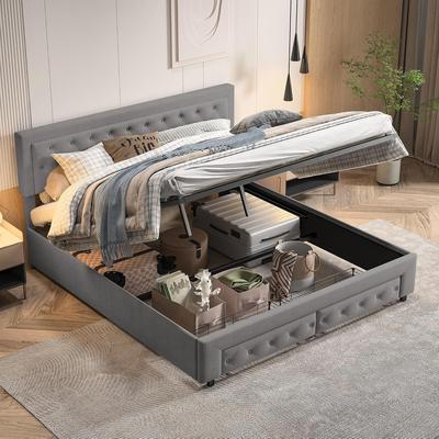TEMU Upholstered Double Bed 180 X 200（160x200）cm With Drawer Storage, Hydraulic Bed With Slatted Frame And Headboard, Storage Bed Frames With Bed Box, Velvet Fabric, Without Mattress (grey) Image