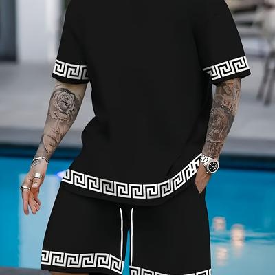 TEMU Simple Men's Casual Short-sleeved Suit, Solid Color Crew Neck Short-sleeved Top And Shorts Two-piece Suit, Suitable For Summer Image