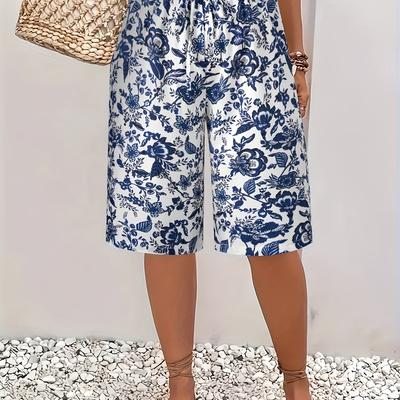 TEMU Women's Plus Size Elegant Floral Print Mid-thigh Length Pants With Drawstring - Blue And White Polyester Straight Leg Trousers, Machine Washable Image