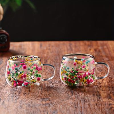 TEMU 2pcs Elegant 5oz Glass Coffee Cups With Dried Flowers - Colorful , Ideal For Home Or Office Use, Perfect Gift For Image