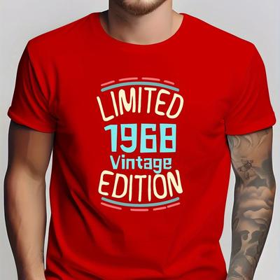 TEMU Vintage 1968 Graphic Tee For Men - Casual Crew Neck T-shirt With Short Sleeves, Polyester-spandex , Knit Fabric, Stretch - Stylish Summer Alphabet Pattern Shirt Image
