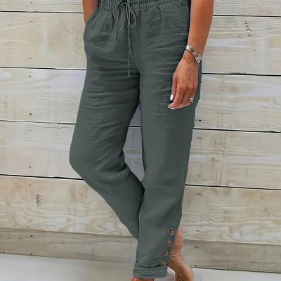 TEMU Women's Casual Light Blue Drawstring Pants With Lace Button Accents - Polyester, Straight Leg, Machine Washable, Casual Wear Pants|straight Leg Pants|no Stretch Material Image