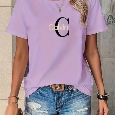 TEMU C-calvln, Letter Printing European And Pattern Printing, Summer Casual Short-sleeved Round Neck Sports, Women's Machine Washable, Regular Length Image