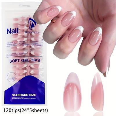 TEMU 120pcs/pack Almond French Nude Pink And White Press-on Nails, Medium Length Nail Art Decorations With 1 Jelly Sticker And 1 Mini Nail File - Women's Nail Accessories Image