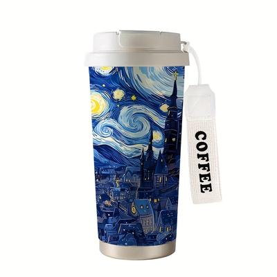 TEMU 530ml Van Gogh Starry Night Coffee Cup - Steel Insulated Travel Mug With Handle & Straw, Leak-proof For Hot/cold Drinks, Office, Sports, Valentine's Day Gifts Image