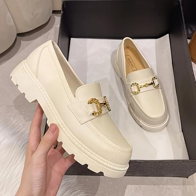 TEMU Comfortable White Platform Loafers For Women - Round Toe, Penny-loafer Style, Thick Sole, Tpu Upper & Sole, Casual Shoes With Golden Detail, Shoes | Pennyloafer Footwear | Tpu Sol Image