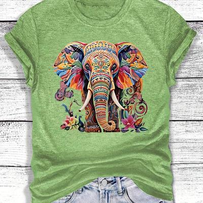 TEMU Women's Elephant Graphic T-shirt - Retro Bohemian Floral Short Sleeve Top, Round Neck Tee For Spring Summer & Wear, Machine Washable S-xxl Image