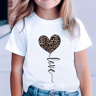 "TEMU Chic Leopard Print Heart Girls' T-shirt - Soft Pink Short Sleeve Round Neck Tee With "love" Cursive Design, Lightweight Polyester Fabric, Spring/summer/fall Casual Streetwear, Shirts For Girls" Image