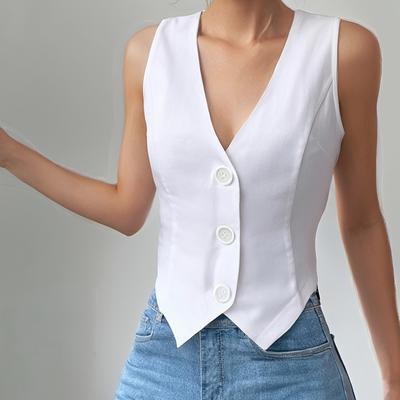 TEMU Women's Chic Solid Color V-neck Twist Knot Vest - Casual Sleeveless Top For Spring/summer, Button-up Back, Polyester Fabric, Casual Attire, Ladies Tank Top Image