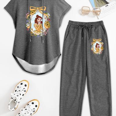"TEMU Women'-piece Drawstring Hoodie And Pants Set - "beauty And The " Print, Sleeveless Hoodie With , Elastic Waist Casual Trousers, Polyester Fabric, Casual Wear|floral Print Hoodie|polyester Fabric" Image