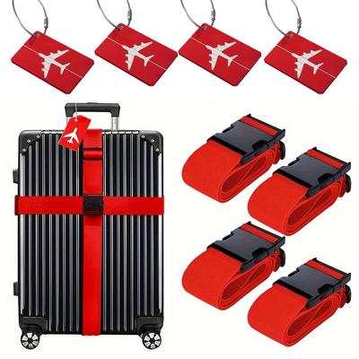 TEMU 8pcs Set - 4 Polypropylene Luggage Straps With Anti-theft Snap Closure & 4 Luggage Tags - Easy Clean, Ideal For Travel, Sports, Vacation Image
